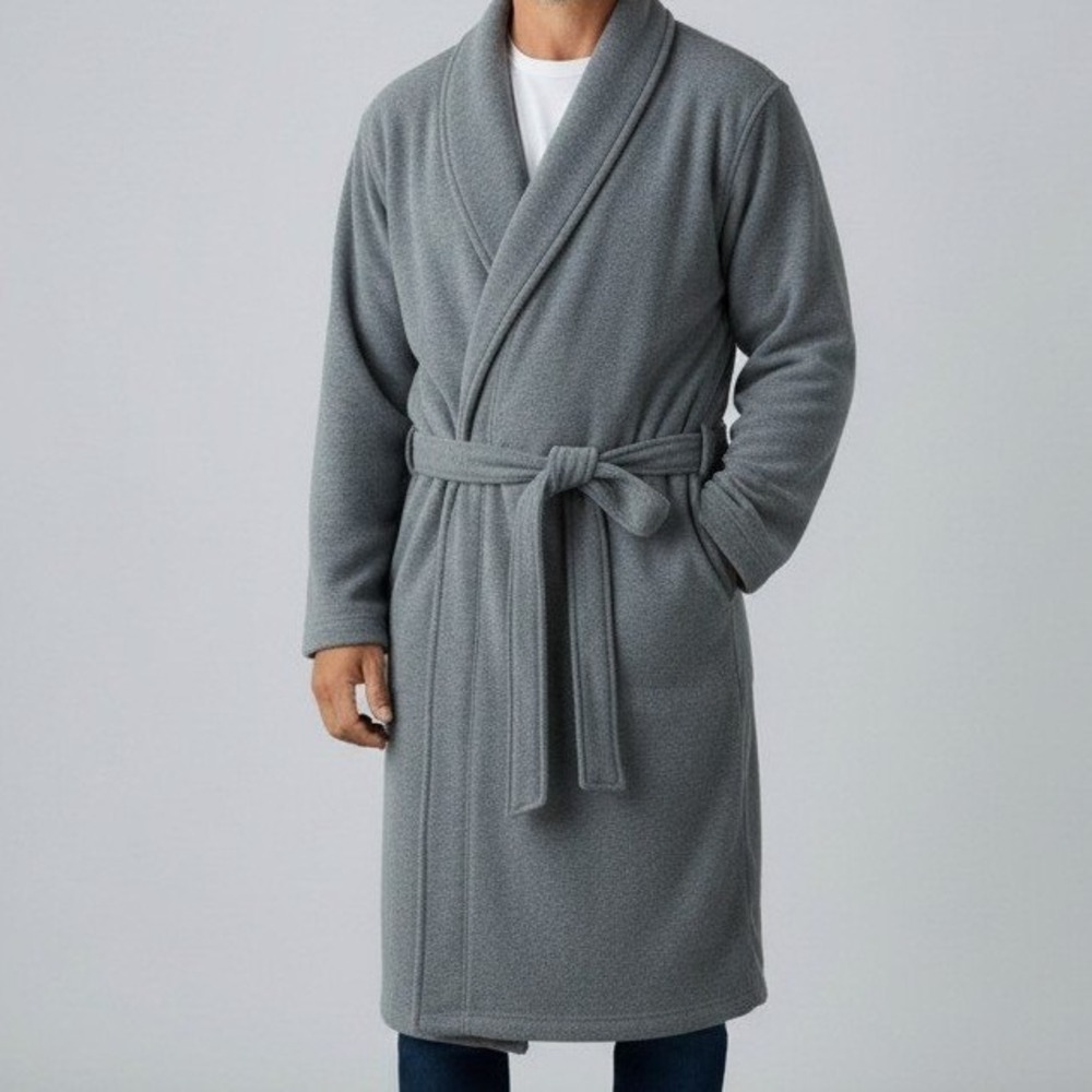 Eddie Bauer Men Robe S/M Gray Fleece Lined Lounge Shawl Collar Belted‎ Cozy Prep